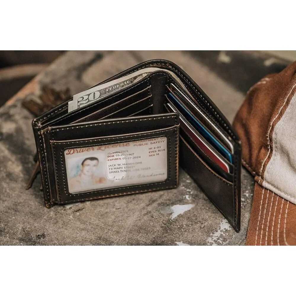 Men's Black With Two Id Windows Full Grain Cowhide Leather Wallet Bi Fold Skull